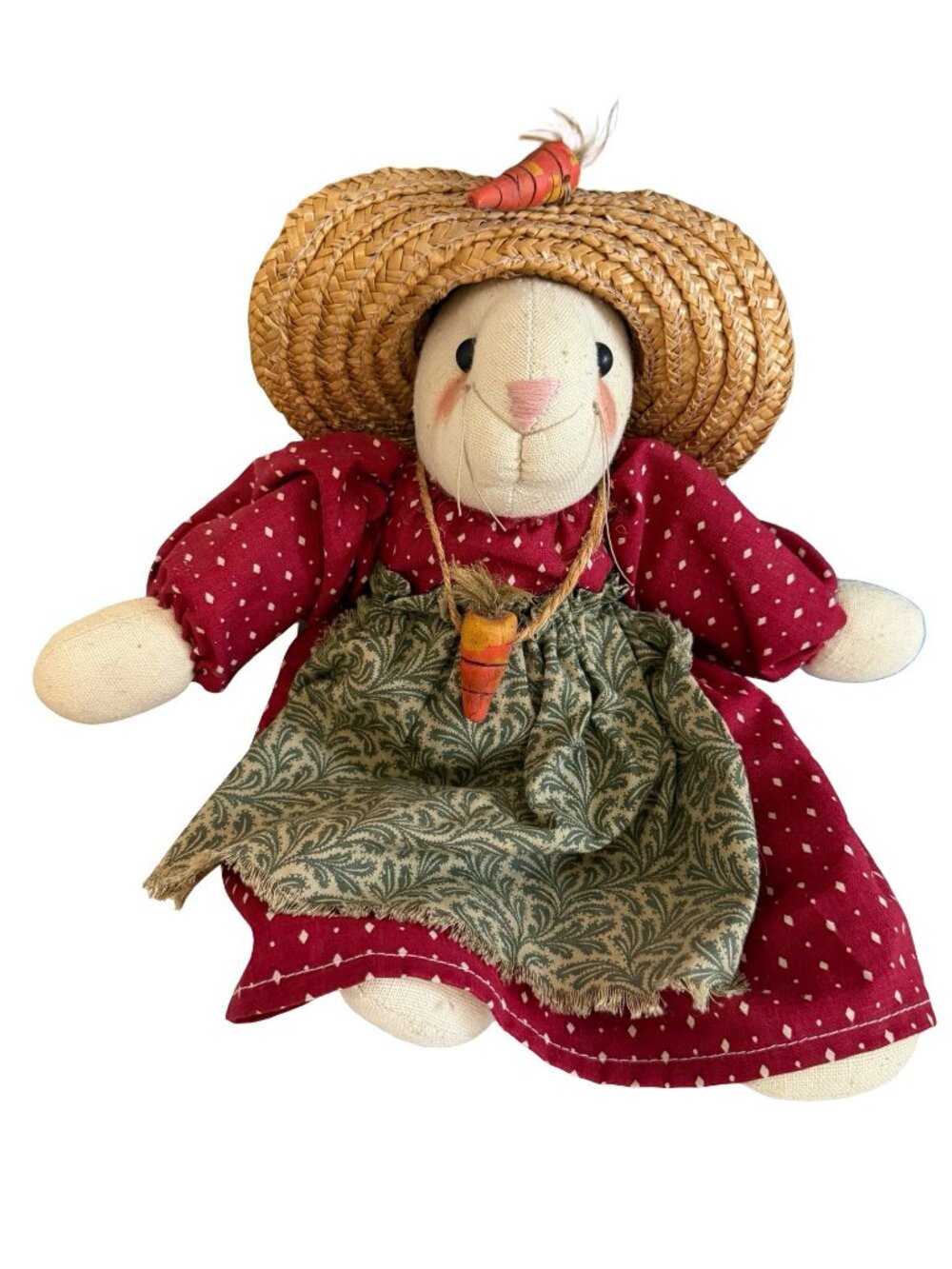 Vintage Primitive Country Bunny Rabbit Doll Straw Hat Carrots Calico Dress 12 In